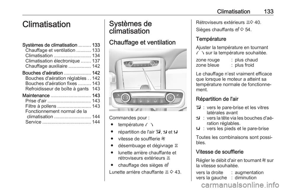 OPEL GRANDLAND X 2018  Manuel dutilisation (in French) Climatisation133ClimatisationSystèmes de climatisation.........133
Chauffage et ventilation ...........133
Climatisation ............................ 134
Climatisation électronique .......137
Chauff