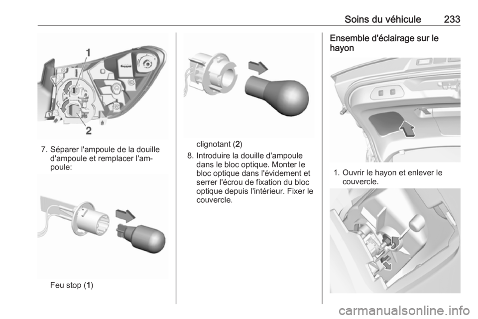 OPEL GRANDLAND X 2018 Manuel dutilisation (in French) Soins du véhicule233
7. Séparer l'ampoule de la douilled'ampoule et remplacer l'am‐
poule:
Feu stop ( 1)
clignotant ( 2)
8. Introduire la douille d'ampoule dans le bloc optique. Mo OPEL GRANDLAND X 2018 Manuel dutilisation (in French) Soins du véhicule233
7. Séparer l'ampoule de la douilled'ampoule et remplacer l'am‐
poule:
Feu stop ( 1)
clignotant ( 2)
8. Introduire la douille d'ampoule dans le bloc optique. Mo