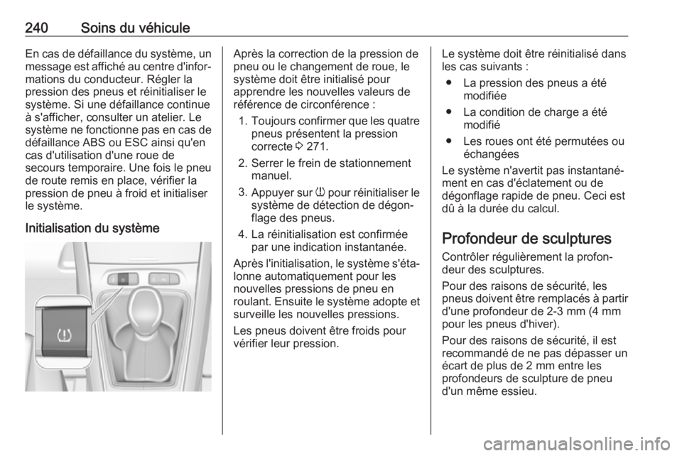 OPEL GRANDLAND X 2018  Manuel dutilisation (in French) 240Soins du véhiculeEn cas de défaillance du système, unmessage est affiché au centre d'infor‐
mations du conducteur. Régler la
pression des pneus et réinitialiser le
système. Si une déf