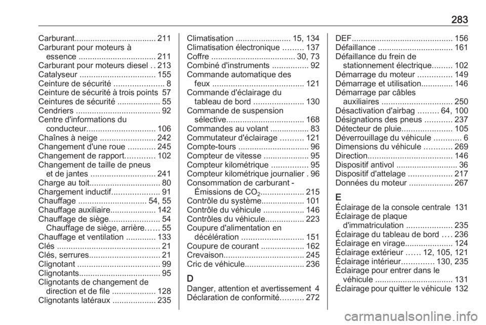 OPEL GRANDLAND X 2018  Manuel dutilisation (in French) 283Carburant.................................... 211
Carburant pour moteurs à essence  .................................. 211
Carburant pour moteurs diesel  ..213
Catalyseur  ........................