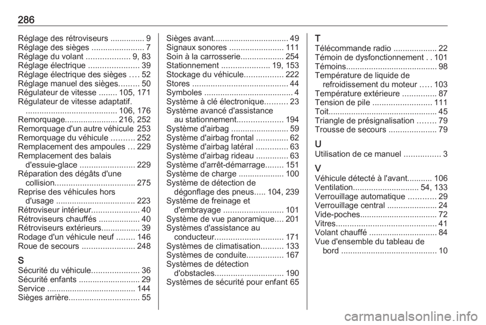 OPEL GRANDLAND X 2018  Manuel dutilisation (in French) 286Réglage des rétroviseurs ............... 9
Réglage des sièges  .......................7
Réglage du volant  ...................9, 83
Réglage électrique  ......................39
Réglage éle