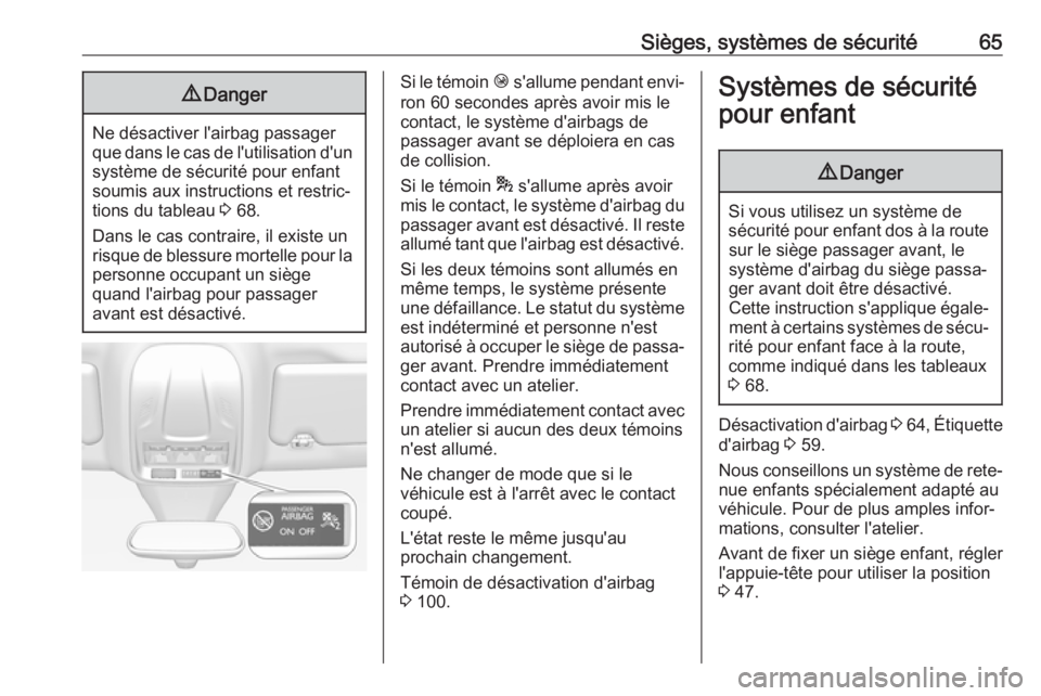 OPEL GRANDLAND X 2018  Manuel dutilisation (in French) Sièges, systèmes de sécurité659Danger
Ne désactiver l'airbag passager
que dans le cas de l'utilisation d'un
système de sécurité pour enfant soumis aux instructions et restric‐
ti