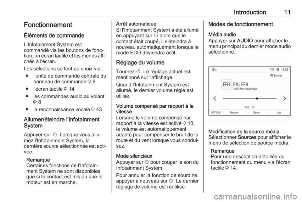 OPEL GRANDLAND X 2018.5  Manuel multimédia (in French) Introduction11Fonctionnement
Éléments de commande
L'Infotainment System est
commandé via les boutons de fonc‐ tion, un écran tactile et les menus affi‐ chés à l'écran.
Les sélectio