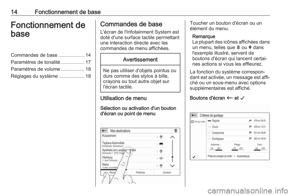 OPEL GRANDLAND X 2018.5  Manuel multimédia (in French) 14Fonctionnement de baseFonctionnement debaseCommandes de base ..................14
Paramètres de tonalité ................17
Paramètres de volume ................. 18
Réglages du système .......