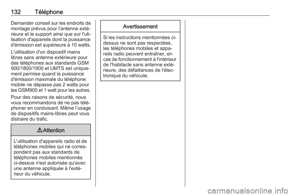 OPEL GRANDLAND X 2018.5  Manuel multimédia (in French) 132TéléphoneDemander conseil sur les endroits de
montage prévus pour l'antenne exté‐
rieure et le support ainsi que sur l'uti‐
lisation d'appareils dont la puissance
d'émissio