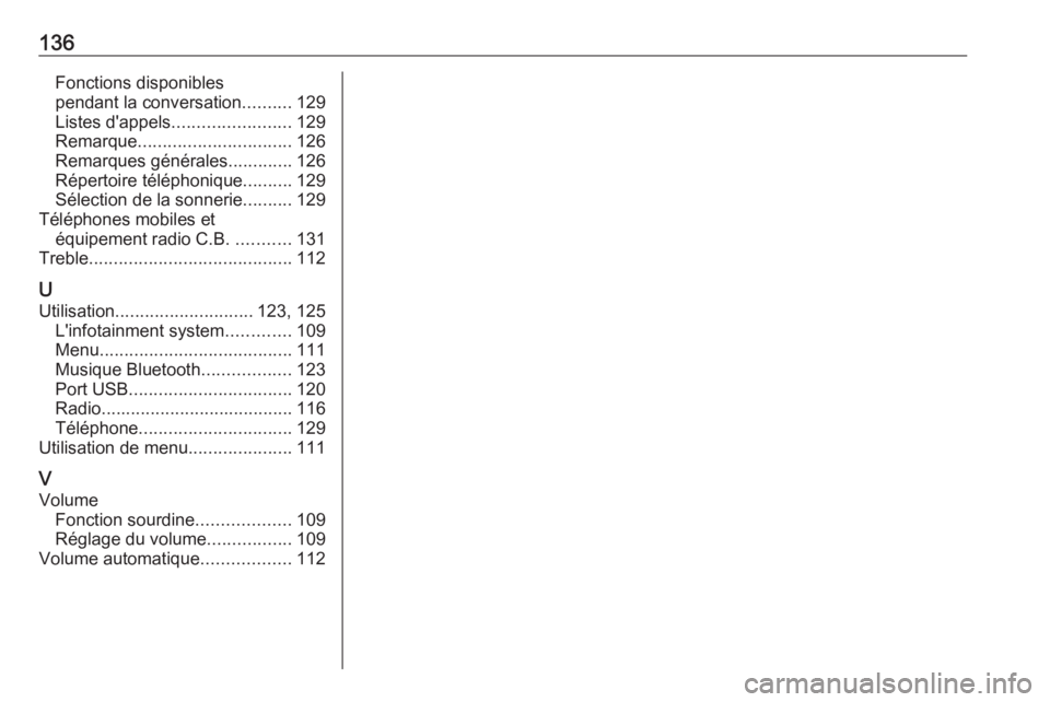 OPEL GRANDLAND X 2018.5  Manuel multimédia (in French) 136Fonctions disponibles
pendant la conversation ..........129
Listes d'appels ........................ 129
Remarque ............................... 126
Remarques générales .............126
Rép