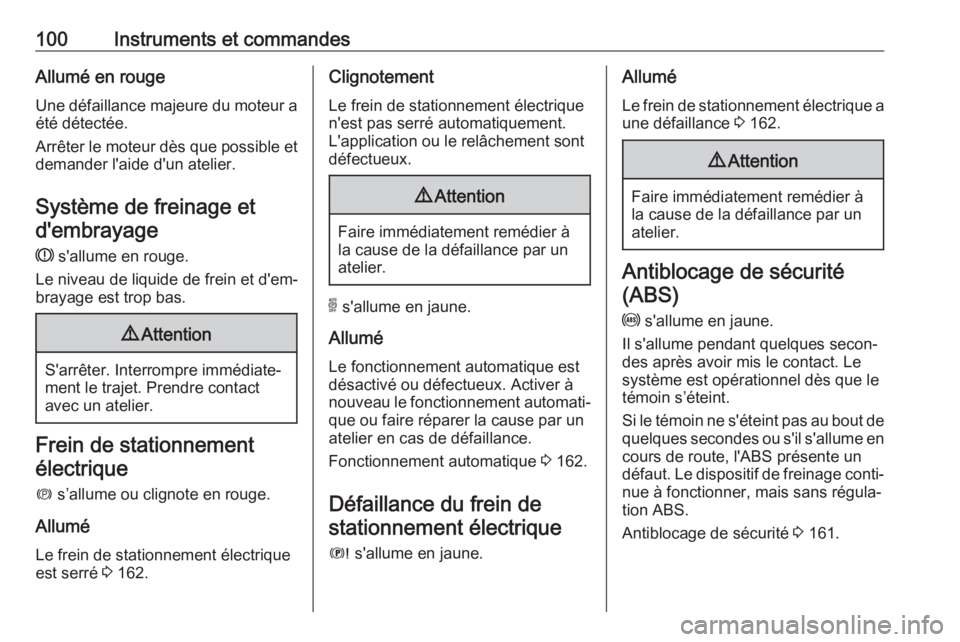 OPEL GRANDLAND X 2018.5  Manuel dutilisation (in French) 100Instruments et commandesAllumé en rouge
Une défaillance majeure du moteur a été détectée.
Arrêter le moteur dès que possible et
demander l'aide d'un atelier.
Système de freinage et