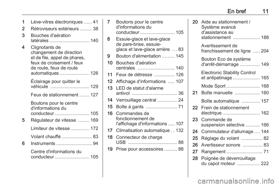 OPEL GRANDLAND X 2018.5  Manuel dutilisation (in French) En bref111Lève-vitres électroniques ......41
2 Rétroviseurs extérieurs .........38
3 Bouches d'aération
latérales .............................. 140
4 Clignotants de
changement de direction
