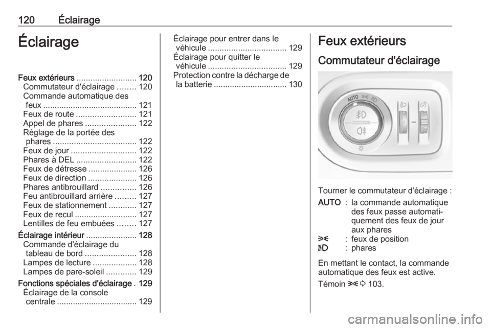 OPEL GRANDLAND X 2018.5  Manuel dutilisation (in French) 120ÉclairageÉclairageFeux extérieurs.......................... 120
Commutateur d'éclairage ........120
Commande automatique des feux ......................................... 121
Feux de route