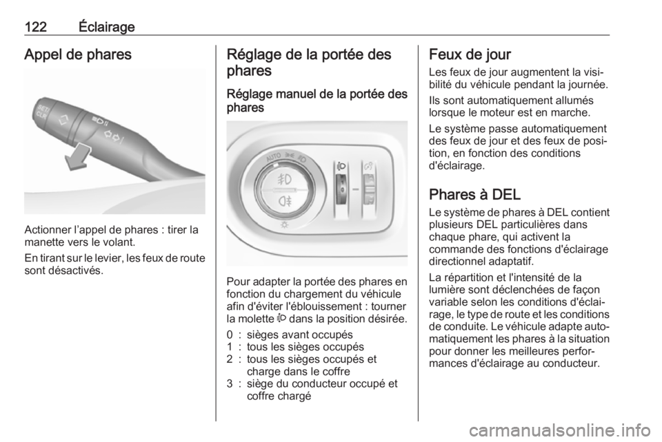 OPEL GRANDLAND X 2018.5  Manuel dutilisation (in French) 122ÉclairageAppel de phares
Actionner l’appel de phares : tirer la
manette vers le volant.
En tirant sur le levier, les feux de route
sont désactivés.
Réglage de la portée des
phares
Réglage m