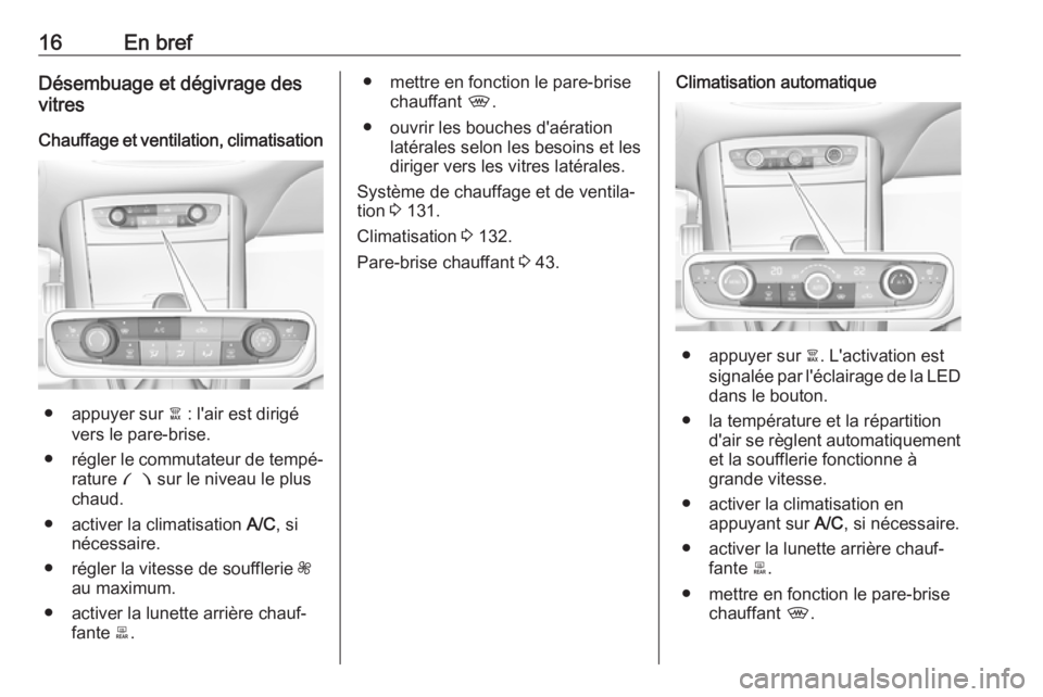 OPEL GRANDLAND X 2018.5  Manuel dutilisation (in French) 16En brefDésembuage et dégivrage des
vitres
Chauffage et ventilation, climatisation
● appuyer sur  à : l'air est dirigé
vers le pare-brise.
● régler le commutateur de tempé‐
rature  £