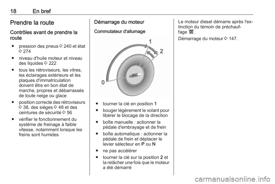 OPEL GRANDLAND X 2018.5  Manuel dutilisation (in French) 18En brefPrendre la route
Contrôles avant de prendre la
route
● pression des pneus  3 240  et état
3  274
● niveau d'huile moteur et niveau des liquides  3 222
● tous les rétroviseurs, le