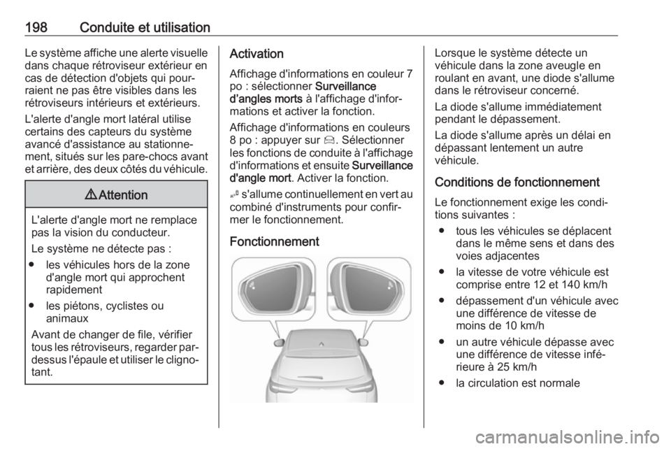 OPEL GRANDLAND X 2018.5  Manuel dutilisation (in French) 198Conduite et utilisationLe système affiche une alerte visuelle
dans chaque rétroviseur extérieur en
cas de détection d'objets qui pour‐
raient ne pas être visibles dans les
rétroviseurs 