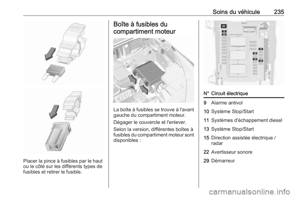 OPEL GRANDLAND X 2018.5  Manuel dutilisation (in French) Soins du véhicule235
Placer la pince à fusibles par le haut
ou le côté sur les différents types de fusibles et retirer le fusible.
Boîte à fusibles du
compartiment moteur
La boîte à fusibles 