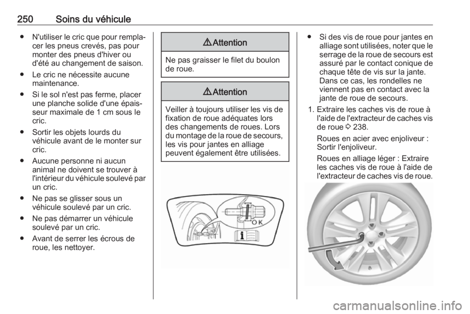 OPEL GRANDLAND X 2018.5 Manuel dutilisation (in French) 250Soins du véhicule●N'utiliser le cric que pour rempla‐
cer les pneus crevés, pas pour
monter des pneus d'hiver ou
d'été au changement de saison.
● Le cric ne nécessite aucune OPEL GRANDLAND X 2018.5 Manuel dutilisation (in French) 250Soins du véhicule●N'utiliser le cric que pour rempla‐
cer les pneus crevés, pas pour
monter des pneus d'hiver ou
d'été au changement de saison.
● Le cric ne nécessite aucune