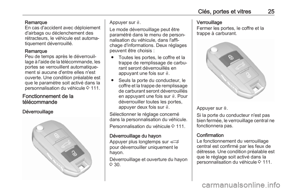OPEL GRANDLAND X 2018.5  Manuel dutilisation (in French) Clés, portes et vitres25Remarque
En cas d'accident avec déploiement
d'airbags ou déclenchement des
rétracteurs, le véhicule est automa‐
tiquement déverrouillé.
Remarque
Peu de temps a