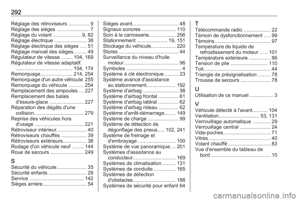 OPEL GRANDLAND X 2018.5  Manuel dutilisation (in French) 292Réglage des rétroviseurs ............... 9
Réglage des sièges  .......................7
Réglage du volant  ...................9, 82
Réglage électrique  ......................38
Réglage éle