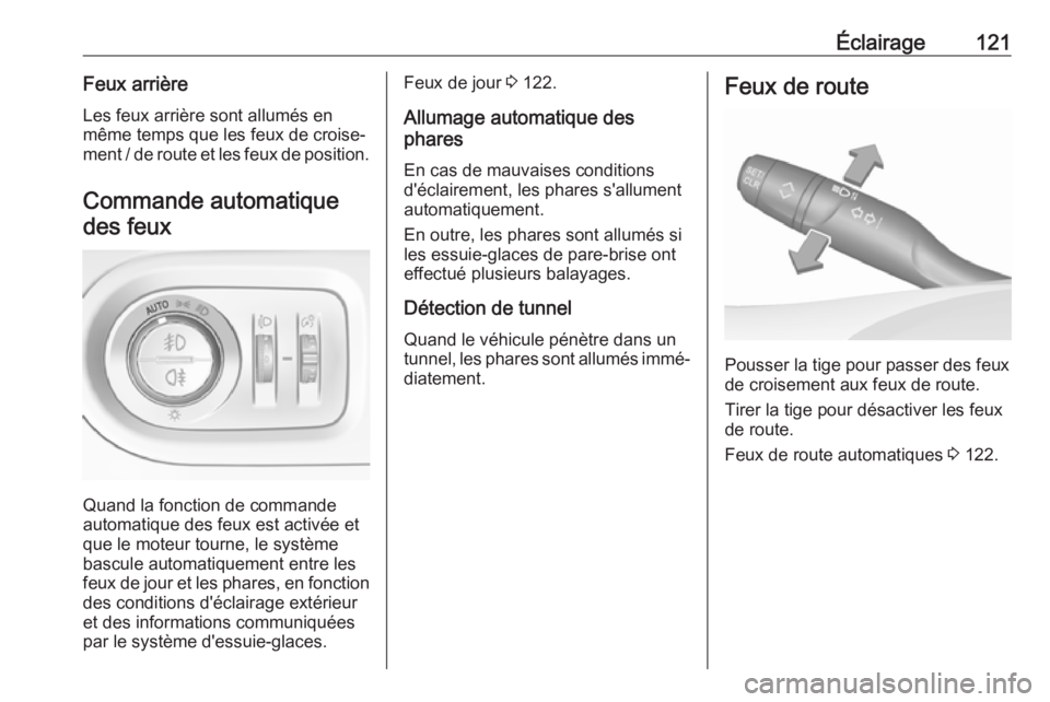 OPEL GRANDLAND X 2018.75  Manuel dutilisation (in French) Éclairage121Feux arrière
Les feux arrière sont allumés en
même temps que les feux de croise‐
ment / de route et les feux de position.
Commande automatiquedes feux
Quand la fonction de commande
