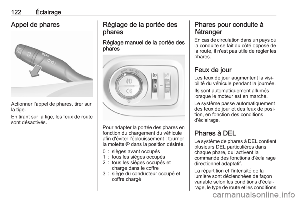 OPEL GRANDLAND X 2018.75  Manuel dutilisation (in French) 122ÉclairageAppel de phares
Actionner l'appel de phares, tirer sur
la tige.
En tirant sur la tige, les feux de route sont désactivés.
Réglage de la portée des
phares
Réglage manuel de la por