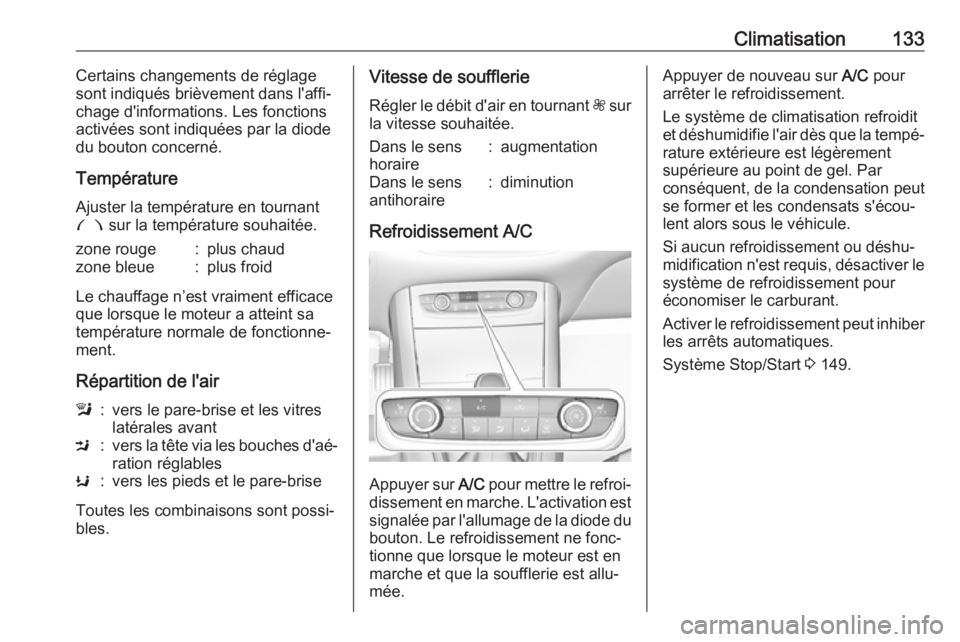 OPEL GRANDLAND X 2018.75  Manuel dutilisation (in French) Climatisation133Certains changements de réglage
sont indiqués brièvement dans l'affi‐
chage d'informations. Les fonctions
activées sont indiquées par la diode
du bouton concerné.
Temp�