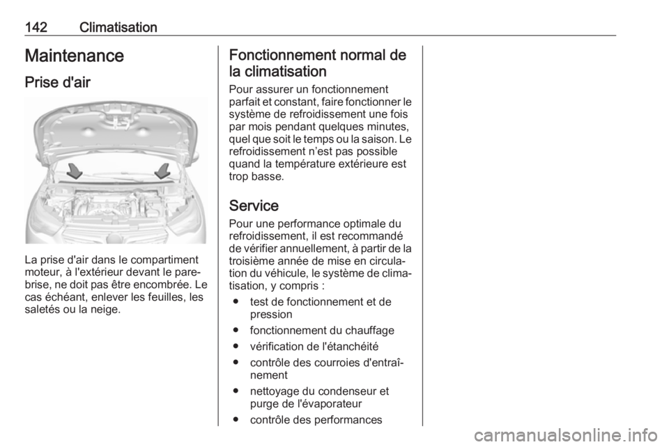 OPEL GRANDLAND X 2018.75  Manuel dutilisation (in French) 142ClimatisationMaintenancePrise d'air
La prise d'air dans le compartiment
moteur, à l'extérieur devant le pare-
brise, ne doit pas être encombrée. Le cas échéant, enlever les feuill