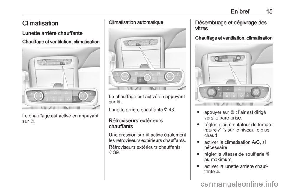 OPEL GRANDLAND X 2018.75  Manuel dutilisation (in French) En bref15Climatisation
Lunette arrière chauffanteChauffage et ventilation, climatisation
Le chauffage est activé en appuyant
sur  b.
Climatisation automatique
Le chauffage est activé en appuyant
su