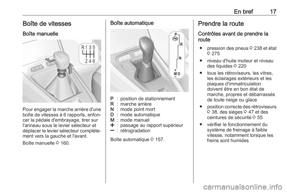 OPEL GRANDLAND X 2018.75  Manuel dutilisation (in French) En bref17Boîte de vitesses
Boîte manuelle
Pour engager la marche arrière d'une
boîte de vitesses à 6 rapports, enfon‐ cer la pédale d'embrayage, tirer sur
l'anneau sous le levier s