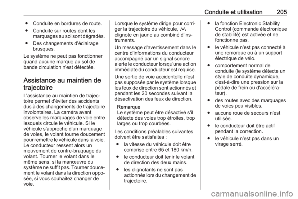 OPEL GRANDLAND X 2018.75  Manuel dutilisation (in French) Conduite et utilisation205● Conduite en bordures de route.
● Conduite sur routes dont les marquages au sol sont dégradés.
● Des changements d'éclairage brusques.
Le système ne peut pas f