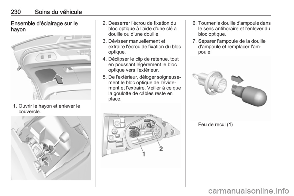 OPEL GRANDLAND X 2018.75 Manuel dutilisation (in French) 230Soins du véhiculeEnsemble d'éclairage sur le
hayon
1. Ouvrir le hayon et enlever le couvercle.
2. Desserrer l'écrou de fixation dubloc optique à l'aide d'une clé à
douille ou OPEL GRANDLAND X 2018.75 Manuel dutilisation (in French) 230Soins du véhiculeEnsemble d'éclairage sur le
hayon
1. Ouvrir le hayon et enlever le couvercle.
2. Desserrer l'écrou de fixation dubloc optique à l'aide d'une clé à
douille ou