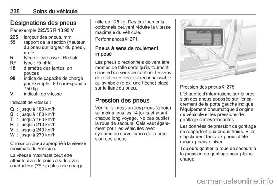 OPEL GRANDLAND X 2018.75  Manuel dutilisation (in French) 238Soins du véhiculeDésignations des pneusPar exemple  225/55 R 18 98 V225:largeur des pneus, mm55:rapport de la section (hauteur
du pneu sur largeur du pneu),
en %R:type de carcasse : RadialeRF:typ