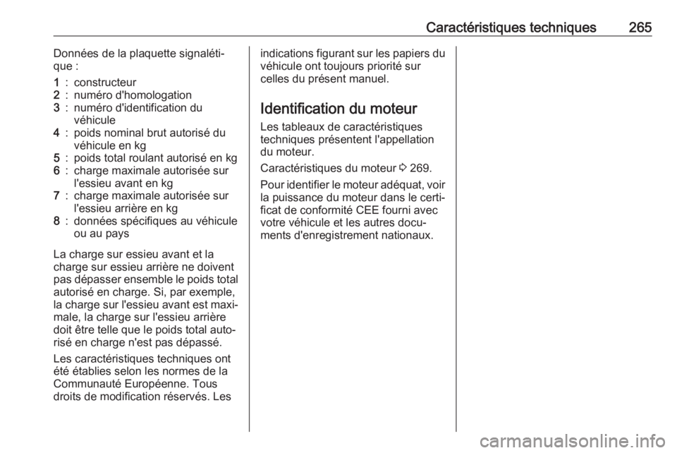 OPEL GRANDLAND X 2018.75  Manuel dutilisation (in French) Caractéristiques techniques265Données de la plaquette signaléti‐
que :1:constructeur2:numéro d'homologation3:numéro d'identification du
véhicule4:poids nominal brut autorisé du
véhic