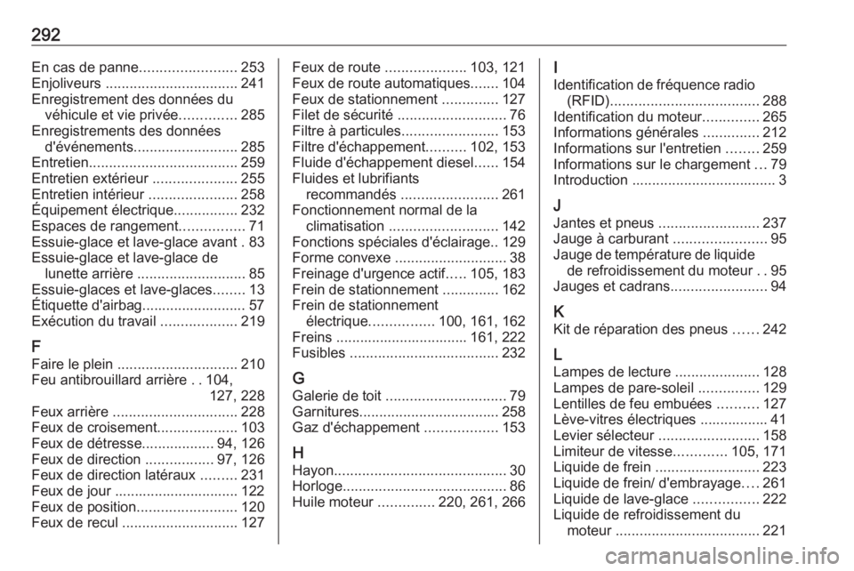 OPEL GRANDLAND X 2018.75  Manuel dutilisation (in French) 292En cas de panne........................253
Enjoliveurs  ................................. 241
Enregistrement des données du véhicule et vie privée ..............285
Enregistrements des données 