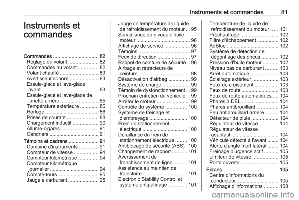 OPEL GRANDLAND X 2018.75  Manuel dutilisation (in French) Instruments et commandes81Instruments et
commandesCommandes ................................ 82
Réglage du volant .....................82
Commandes au volant ..............82
Volant chauffé ........