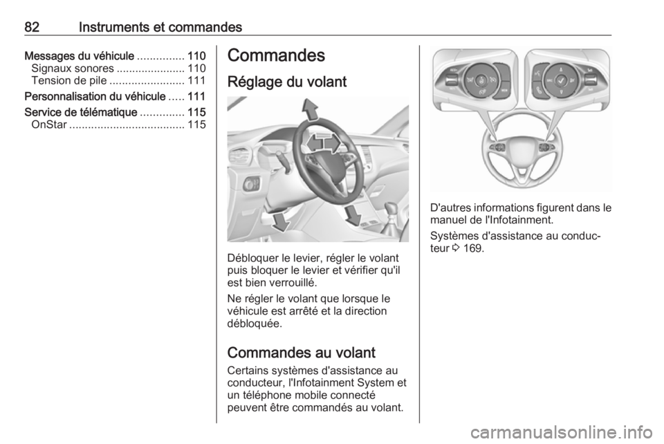 OPEL GRANDLAND X 2018.75  Manuel dutilisation (in French) 82Instruments et commandesMessages du véhicule...............110
Signaux sonores ......................110
Tension de pile ........................ 111
Personnalisation du véhicule .....111
Service 
