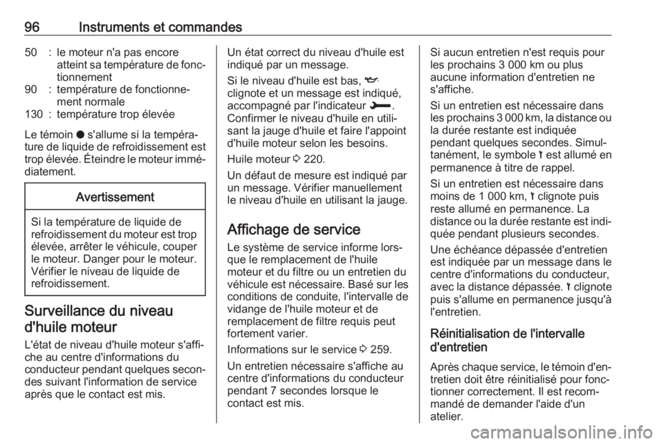 OPEL GRANDLAND X 2018.75  Manuel dutilisation (in French) 96Instruments et commandes50:le moteur n'a pas encore
atteint sa température de fonc‐
tionnement90:température de fonctionne‐
ment normale130:température trop élevée
Le témoin  o s'a