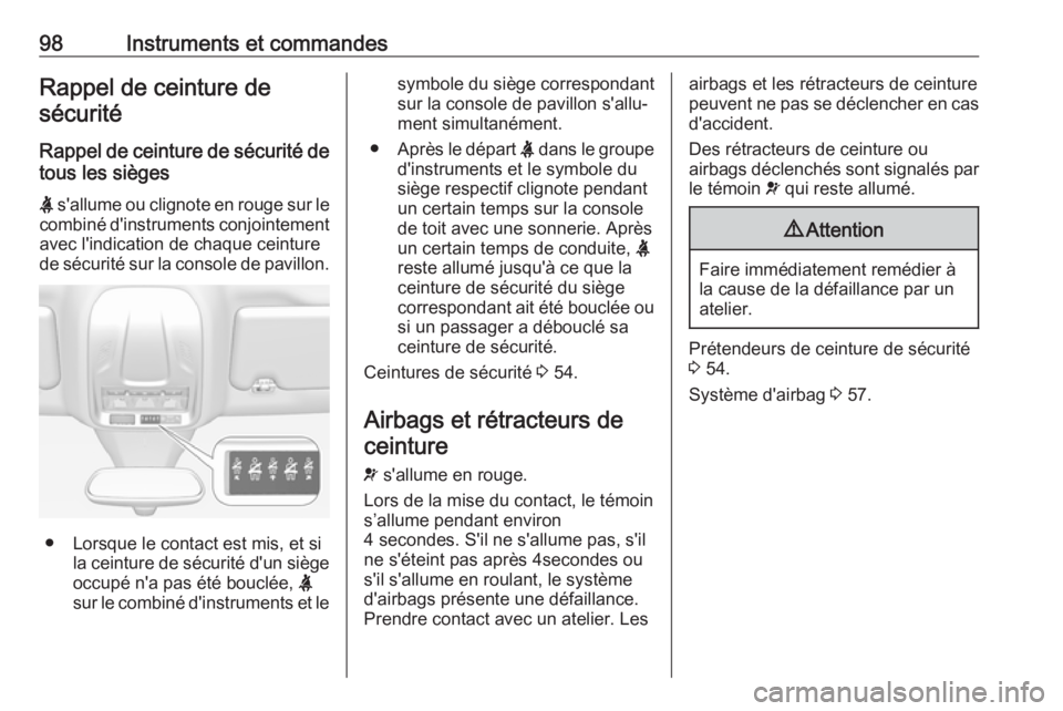 OPEL GRANDLAND X 2018.75 Manuel dutilisation (in French) 98Instruments et commandesRappel de ceinture desécurité
Rappel de ceinture de sécurité de
tous les sièges
X s'allume ou clignote en rouge sur le
combiné d'instruments conjointement
avec OPEL GRANDLAND X 2018.75 Manuel dutilisation (in French) 98Instruments et commandesRappel de ceinture desécurité
Rappel de ceinture de sécurité de
tous les sièges
X s'allume ou clignote en rouge sur le
combiné d'instruments conjointement
avec