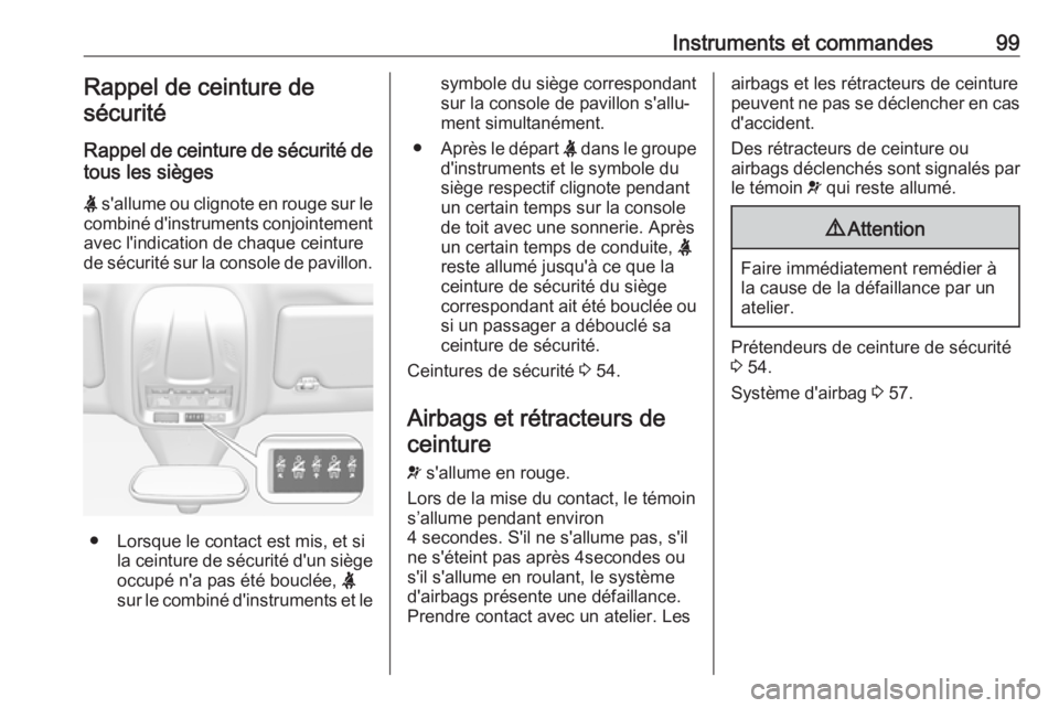 OPEL GRANDLAND X 2019 Manuel dutilisation (in French) Instruments et commandes99Rappel de ceinture desécurité
Rappel de ceinture de sécurité de
tous les sièges
X s'allume ou clignote en rouge sur le
combiné d'instruments conjointement
avec OPEL GRANDLAND X 2019 Manuel dutilisation (in French) Instruments et commandes99Rappel de ceinture desécurité
Rappel de ceinture de sécurité de
tous les sièges
X s'allume ou clignote en rouge sur le
combiné d'instruments conjointement
avec