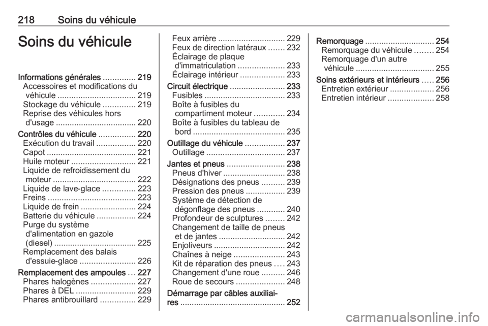 OPEL GRANDLAND X 2019  Manuel dutilisation (in French) 218Soins du véhiculeSoins du véhiculeInformations générales..............219
Accessoires et modifications du véhicule .................................. 219
Stockage du véhicule ..............21
