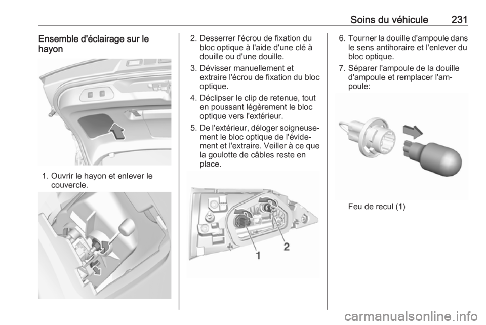 OPEL GRANDLAND X 2019 Manuel dutilisation (in French) Soins du véhicule231Ensemble d'éclairage sur lehayon
1. Ouvrir le hayon et enlever le couvercle.
2. Desserrer l'écrou de fixation dubloc optique à l'aide d'une clé à
douille ou d OPEL GRANDLAND X 2019 Manuel dutilisation (in French) Soins du véhicule231Ensemble d'éclairage sur lehayon
1. Ouvrir le hayon et enlever le couvercle.
2. Desserrer l'écrou de fixation dubloc optique à l'aide d'une clé à
douille ou d