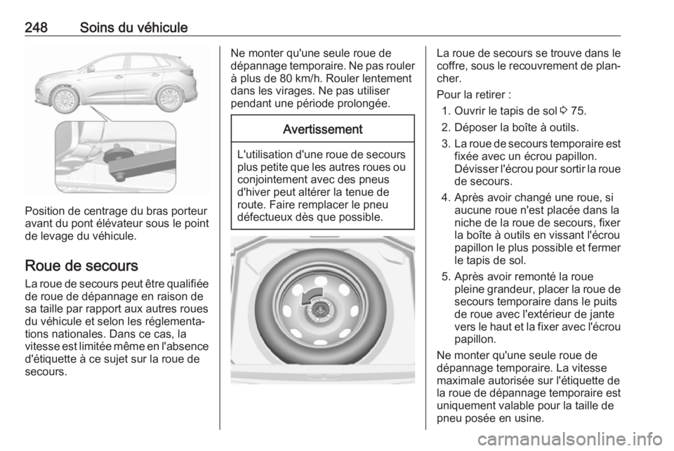 OPEL GRANDLAND X 2019  Manuel dutilisation (in French) 248Soins du véhicule
Position de centrage du bras porteur
avant du pont élévateur sous le point
de levage du véhicule.
Roue de secours La roue de secours peut être qualifiée
de roue de dépannag
