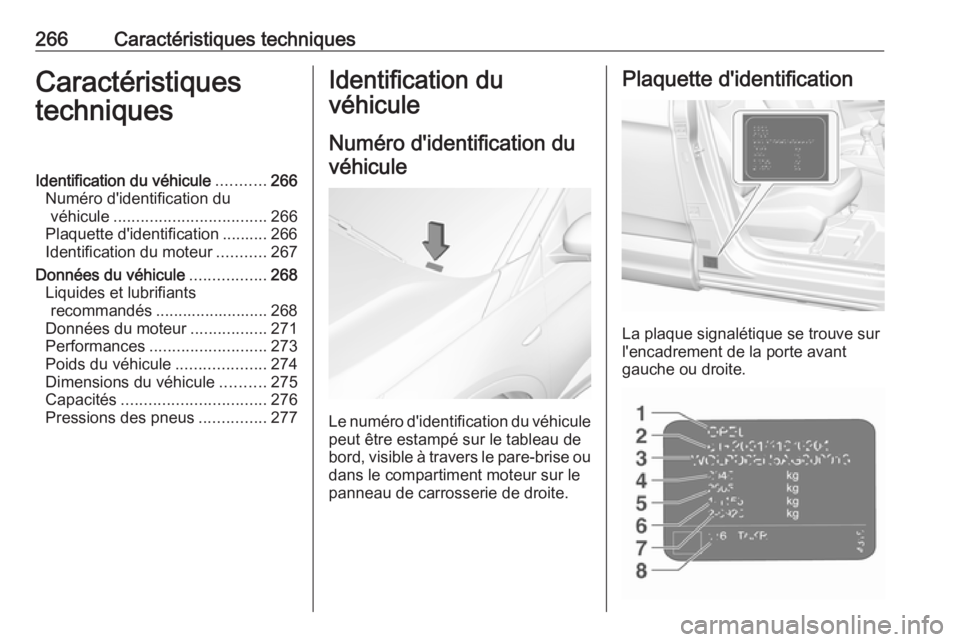 OPEL GRANDLAND X 2019  Manuel dutilisation (in French) 266Caractéristiques techniquesCaractéristiques
techniquesIdentification du véhicule ...........266
Numéro d'identification du véhicule .................................. 266
Plaquette d'i