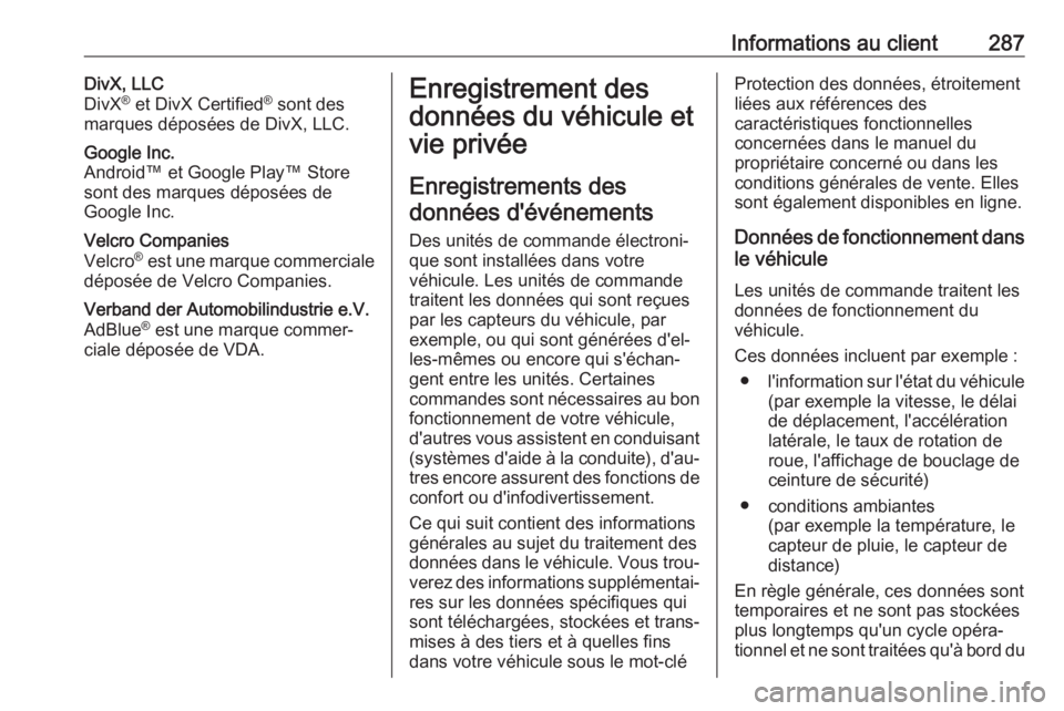 OPEL GRANDLAND X 2019 Manuel dutilisation (in French) Informations au client287DivX, LLC
DivX ®
et DivX Certified ®
sont des
marques déposées de DivX, LLC.Google Inc.
Android™ et Google Play™ Store
sont des marques déposées de
Google Inc.Velc OPEL GRANDLAND X 2019 Manuel dutilisation (in French) Informations au client287DivX, LLC
DivX ®
et DivX Certified ®
sont des
marques déposées de DivX, LLC.Google Inc.
Android™ et Google Play™ Store
sont des marques déposées de
Google Inc.Velc