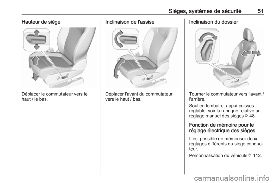 OPEL GRANDLAND X 2019  Manuel dutilisation (in French) Sièges, systèmes de sécurité51Hauteur de siège
Déplacer le commutateur vers le
haut / le bas.
Inclinaison de l'assise
Déplacer l'avant du commutateur
vers le haut / bas.
Inclinaison du 
