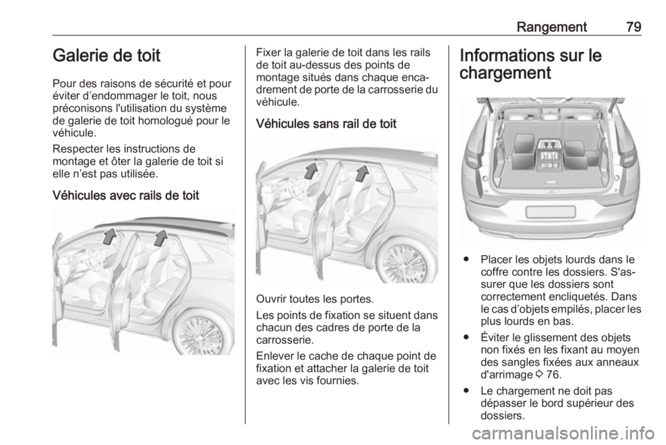 OPEL GRANDLAND X 2019  Manuel dutilisation (in French) Rangement79Galerie de toit
Pour des raisons de sécurité et pour
éviter d’endommager le toit, nous
préconisons l'utilisation du système
de galerie de toit homologué pour le
véhicule.
Respe