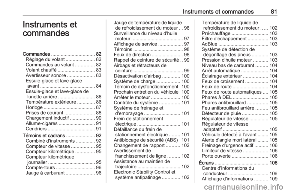 OPEL GRANDLAND X 2019  Manuel dutilisation (in French) Instruments et commandes81Instruments et
commandesCommandes ................................ 82
Réglage du volant .....................82
Commandes au volant ..............82
Volant chauffé ........