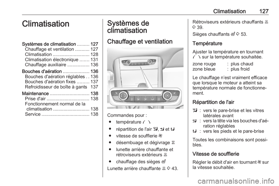 OPEL GRANDLAND X 2019.75 Manuel dutilisation (in French) Climatisation127ClimatisationSystèmes de climatisation.........127
Chauffage et ventilation ...........127
Climatisation ............................ 128
Climatisation électronique .......131
Chauff OPEL GRANDLAND X 2019.75 Manuel dutilisation (in French) Climatisation127ClimatisationSystèmes de climatisation.........127
Chauffage et ventilation ...........127
Climatisation ............................ 128
Climatisation électronique .......131
Chauff