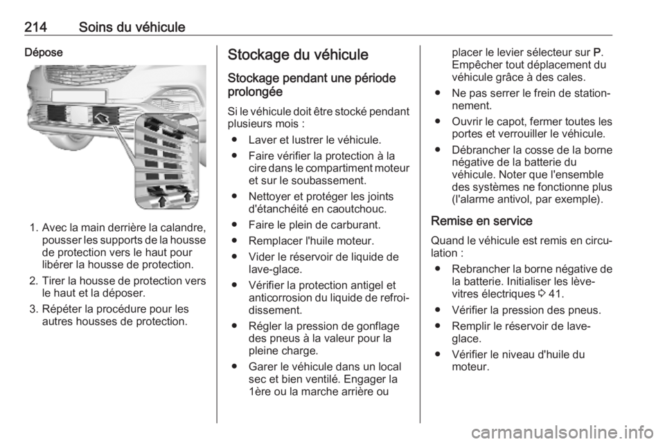OPEL GRANDLAND X 2019.75  Manuel dutilisation (in French) 214Soins du véhiculeDépose
1.Avec la main derrière la calandre,
pousser les supports de la housse
de protection vers le haut pour
libérer la housse de protection.
2. Tirer la housse de protection 