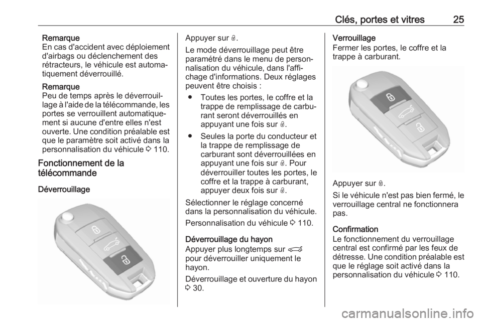 OPEL GRANDLAND X 2019.75  Manuel dutilisation (in French) Clés, portes et vitres25Remarque
En cas d'accident avec déploiement
d'airbags ou déclenchement des
rétracteurs, le véhicule est automa‐
tiquement déverrouillé.
Remarque
Peu de temps a