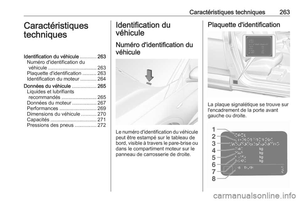 OPEL GRANDLAND X 2019.75 Manuel dutilisation (in French) Caractéristiques techniques263Caractéristiques
techniquesIdentification du véhicule ...........263
Numéro d'identification du véhicule .................................. 263
Plaquette d'i OPEL GRANDLAND X 2019.75 Manuel dutilisation (in French) Caractéristiques techniques263Caractéristiques
techniquesIdentification du véhicule ...........263
Numéro d'identification du véhicule .................................. 263
Plaquette d'i