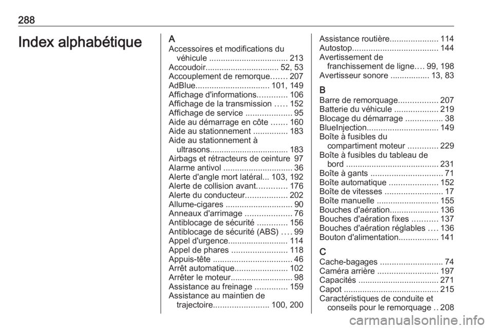 OPEL GRANDLAND X 2019.75 Manuel dutilisation (in French) 288Index alphabétiqueAAccessoires et modifications du véhicule .................................. 213
Accoudoir................................ 52, 53
Accouplement de remorque .......207
AdBlue ... OPEL GRANDLAND X 2019.75 Manuel dutilisation (in French) 288Index alphabétiqueAAccessoires et modifications du véhicule .................................. 213
Accoudoir................................ 52, 53
Accouplement de remorque .......207
AdBlue ...